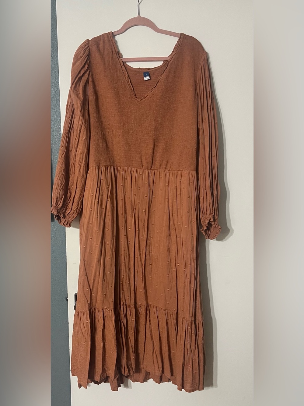 OLD NAVY Tiered MIDI Dress 4X Rust Brown Boho Long Sleeve V-Neck Cottagecor
